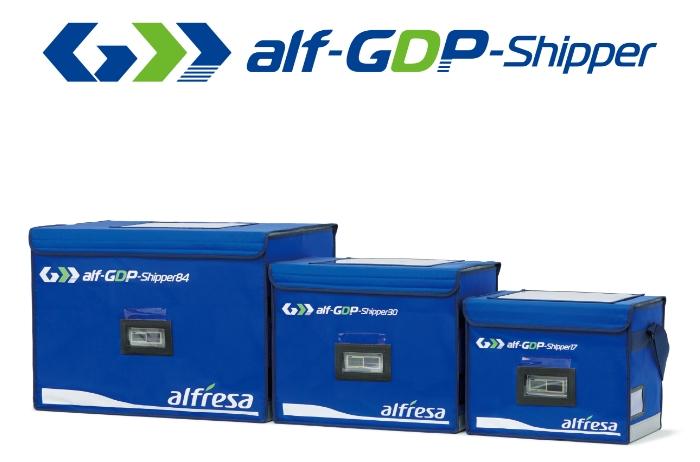 医療機関への配送時に使用し、2～8℃を8時間以上維持できるalf-GDP-®Shipper。温度のムラをなくすアルミ内壁加工、蓄熱シートの搭載により温度逸脱を防止します。